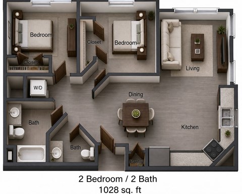 Floor plan for 2 beds, 2 baths, 1024 sqft
